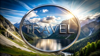 Text TRAVEL logo metallic futuristic neon mountains company cruise booking concept hotel design art nature vacation marketing banner service background resort agency tickets template travel holiday