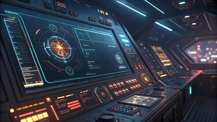 Obraz premium High-tech atmosphere of a futuristic spaceship cockpit featuring an advanced operating system user interface on multiple screens.