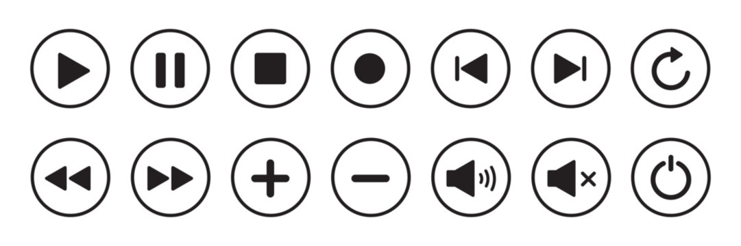 Collection of media player icons in outline style, including play, pause, replay, previous, next, volume, plus, minus, and more. Vector illustration