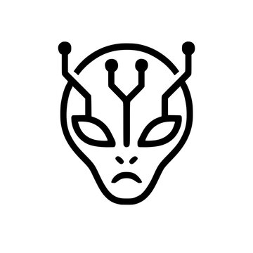 Black Line Icon of an Alien Head with Digital Circuitry
