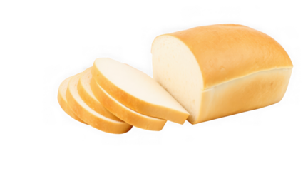 A freshly baked loaf of white bread, sliced and presented on a transparent background