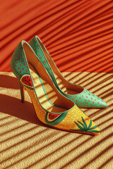 Close-up of colorful high heels with watermelon and tropical fruit print on a textured orange surface. Bold fashion concept with summery pop art style.