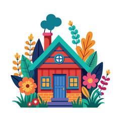 Obraz premium Colorful Modern Home Exterior Vector Cozy House with Garden on White Background