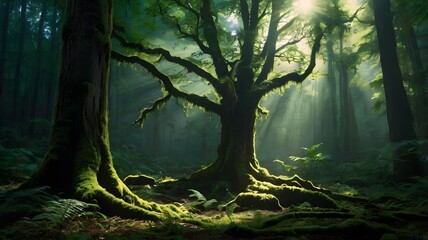 Obraz premium Ancient Moss-Draped Trees in a Sun-Dappled Emerald Forest, Mystical Atmosphere, Lush Greenery