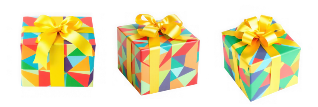 A collection of three vibrantly colored gift boxes with geometric patterns and yellow bows, isolated on a transparent background