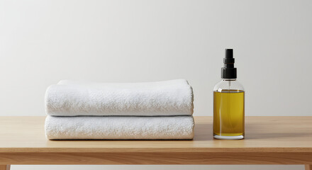 White towels stacked beside bottle of essential oil on wooden table  