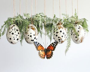 Hanging ferns with dotted eggs, butterfly against white