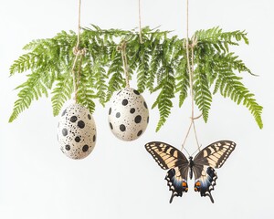 Hanging ferns with dotted eggs, butterfly against white
