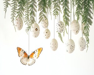 Hanging ferns with dotted eggs, butterfly against white