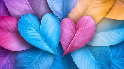 Heartshaped graphic with vibrant leaves, two lightblue hearts in center