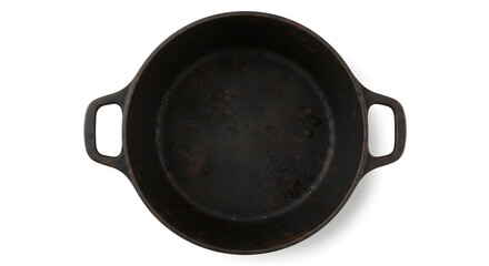 Cast iron cooking pot with handles in a flatlay top view  