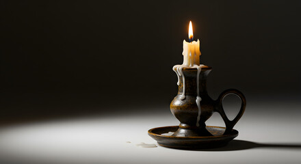 Candle lit in an antique holder casting warm light on dark background  
