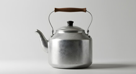 Aluminum kettle with wooden handle in minimalist design  