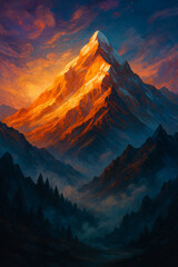 Majestic mountain peak bathed in the warm glow of a dramatic sunset sky