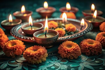 Illuminated diya lamps and orange marigolds create a festive ambiance