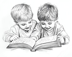 Line art depicts two young boys, sidebyside, joyfully reading books together
