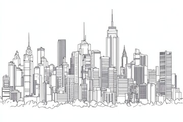 Line art of a city skyline with varying building heights and styles