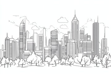 Line art of a city skyline with varying building heights and styles
