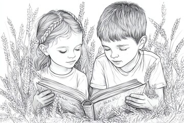 Line art of two children reading a book outdoors, surrounded by wheat stalks