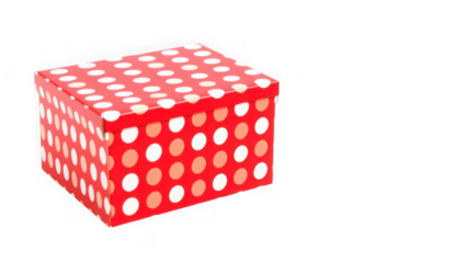 A red gift box with white polka dots, isolated on a transparent background