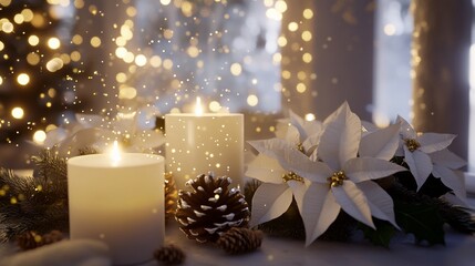 Serene winter still life with candles, poinsettias, and sparkling lights