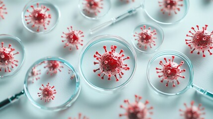 Many magnifying glasses focus on virus models on a white surface, scattered pattern
