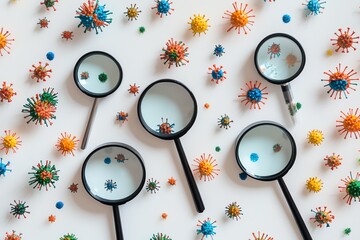 Many magnifying glasses focus on virus models on a white surface, scattered pattern