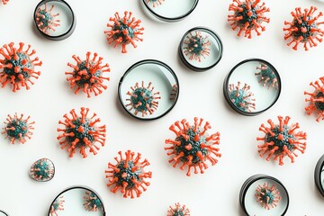 Many magnifying glasses focus on virus models on a white surface, scattered pattern