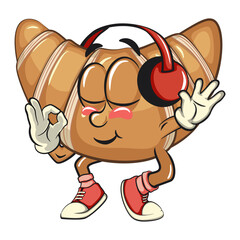 funny croissant mascot character listening to headset while dancing calm in sneakers, cute bakery bread cartoon vector isolated illustration, work of hand drawn