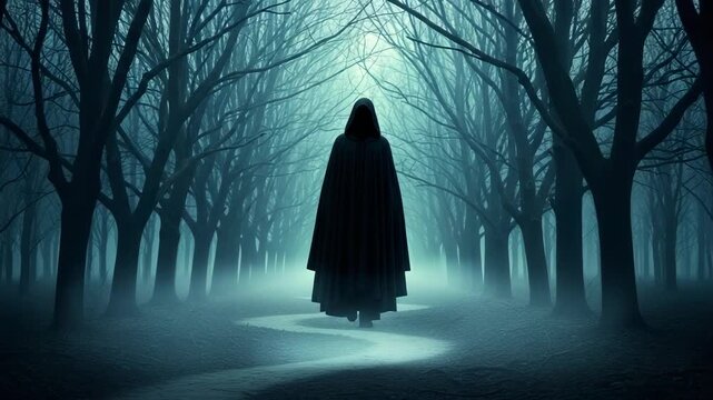 A mysterious hooded figure stands on a winding path in a dark, foggy forest with bare trees