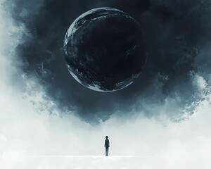 Minimalist image of a tiny person looking up at a floating, detailed dark globe