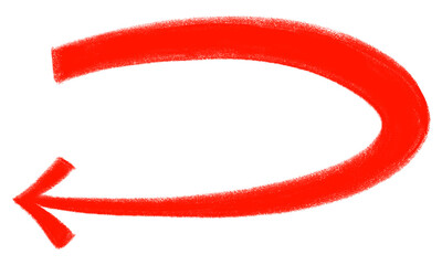 Curved red arrow pointing left with rough texture on transparent background.