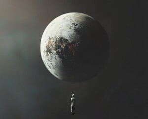 Minimalist image of a tiny person looking up at a floating, detailed dark globe