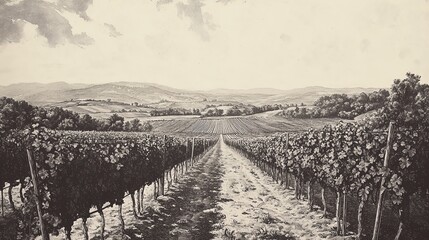 Monochrome engraving shows a vineyard stretching to distant hills under a pale sky