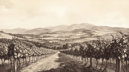 Monochrome engraving shows a vineyard stretching to distant hills under a pale sky
