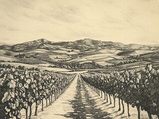 Monochrome engraving shows a vineyard stretching to distant hills under a pale sky