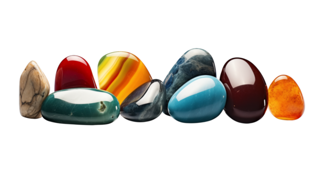 Polished gemstones healing crystals chakra stones for meditation and therapy on transparent background