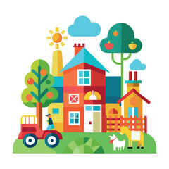 Fototapeta premium Colorful Modern Home Exterior Vector Cozy House with Garden on White Background