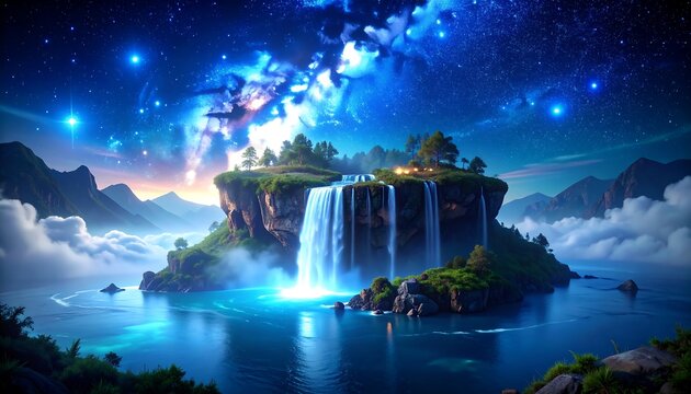 A mystical island paradise, nestled amidst a starry night sky, with a cascading waterfall and serene lake. Lush vegetation and quaint structures adorn the cliffside