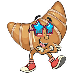 funny croissant mascot character wearing stars shaped beach sunglasses in sneakers, cute bakery bread cartoon vector isolated illustration, work of hand drawn