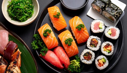 Sushi Platter with Salmon Nigiri and Maki Rolls Isolated on Black Background