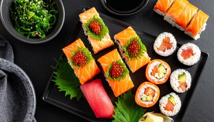 Sushi Platter with Salmon and Tuna Rolls Isolated on Black Background