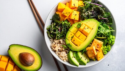 Vegan Buddha Bowl with Mango and Avocado, Isolated on White Background