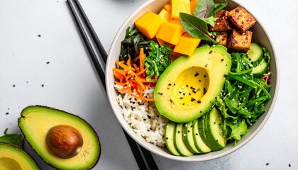 Avocado Tofu Poke Bowl with Mango and Seaweed Salad, Isolated on White Background