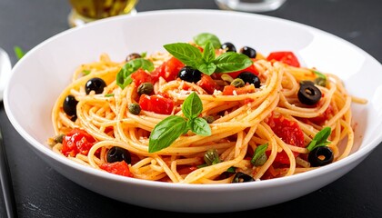 Spaghetti with Tomato Sauce, Olives, and Capers in White Bowl
