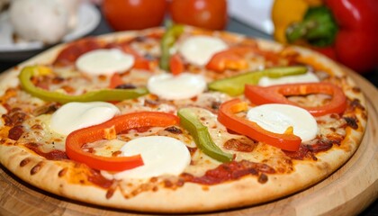 Pepperoni Pizza with Mozzarella, Peppers, and Tomato Sauce