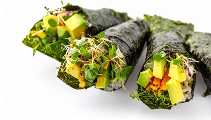 Vegan Sushi Rolls with Avocado and Microgreens, Isolated on White Background