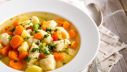 Vegetable Soup with Dumplings in Bowl, Isolated on White Background