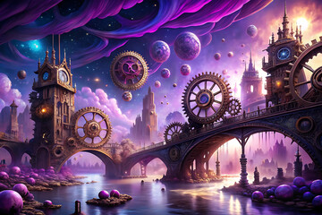 A steampunk fantasy city with clockwork gears and purple clouds