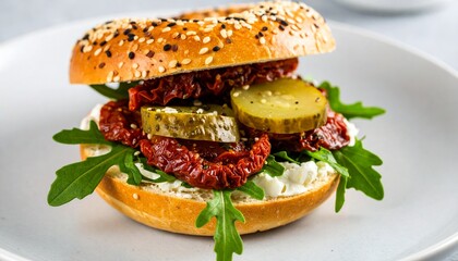 Bagel Sandwich with Sun-dried Tomatoes and Pickles, Isolated on White Background